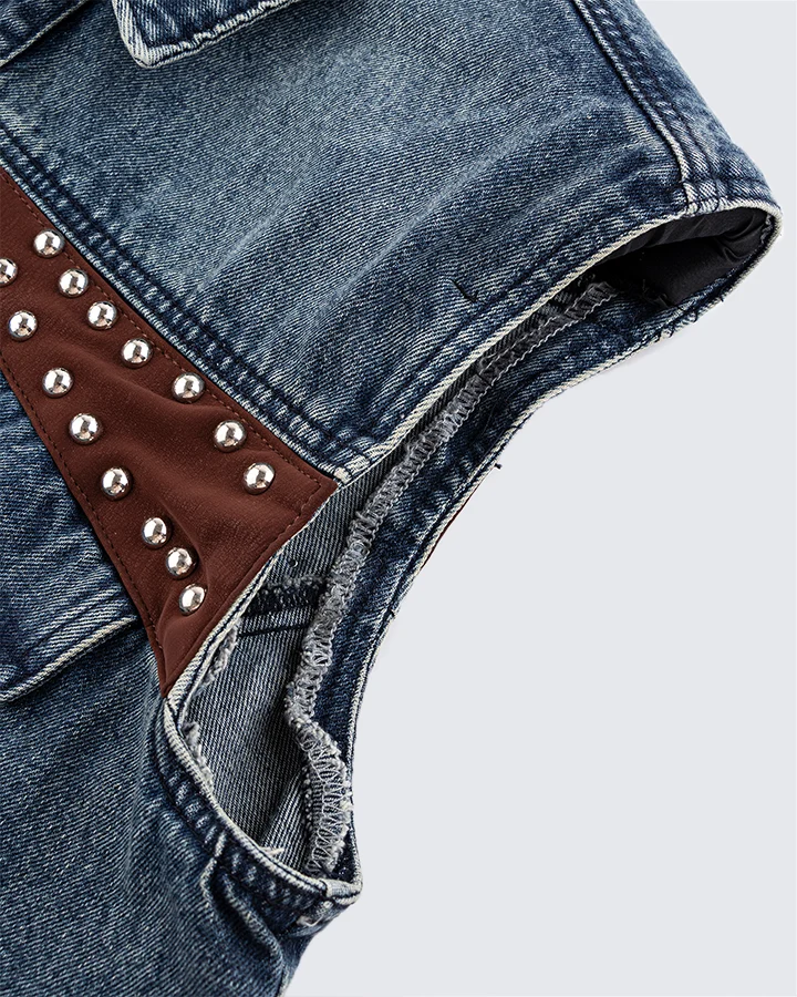Leather Patch Studded Denim Vest