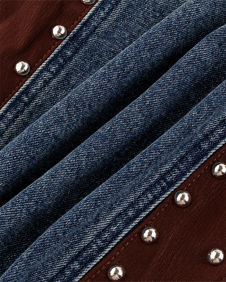 Leather Patch Studded Denim Vest