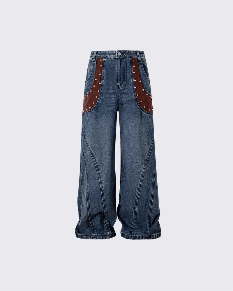 Leather Patch Pocket with Studded Detail Denim Pants