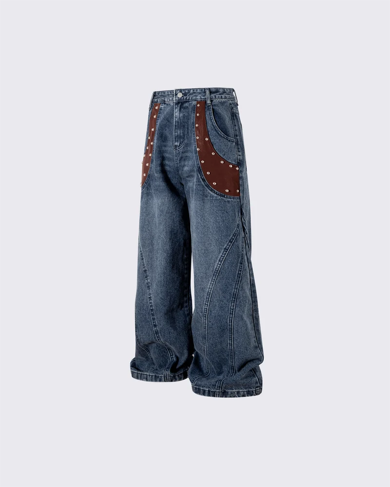 Leather Patch Pocket with Studded Detail Denim Pants