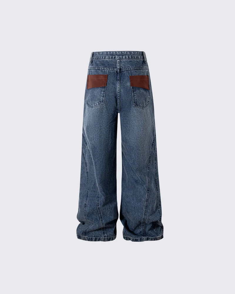 Leather Patch Pocket with Studded Detail Denim Pants