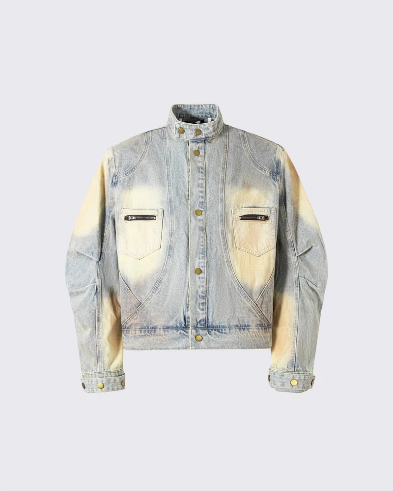 Vintage Wash Denim Jacket with Zipper Pockets