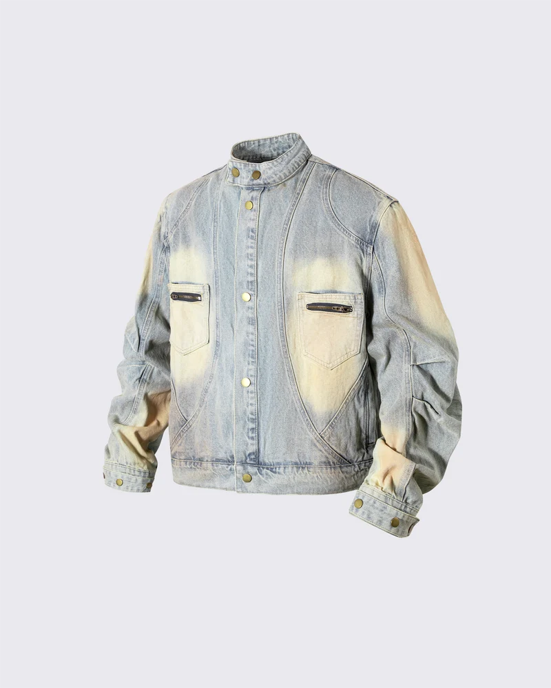 Vintage Wash Denim Jacket with Zipper Pockets