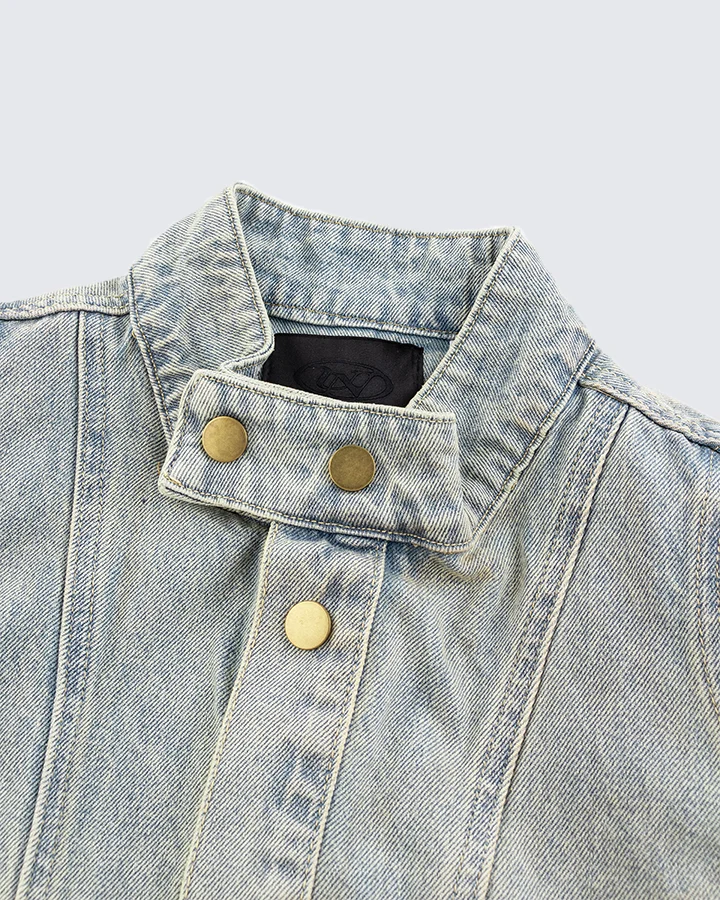 Vintage Wash Denim Jacket with Zipper Pockets