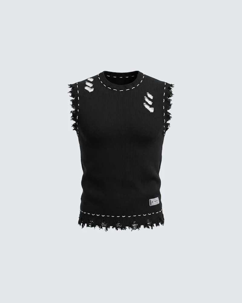 Distressed Trim Hollow Out Knit Tank Top