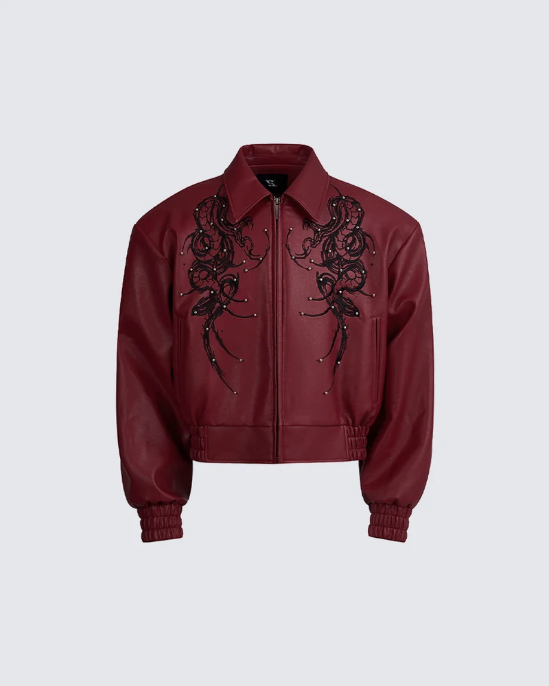 Embroidered Faux Leather Moto Jacket