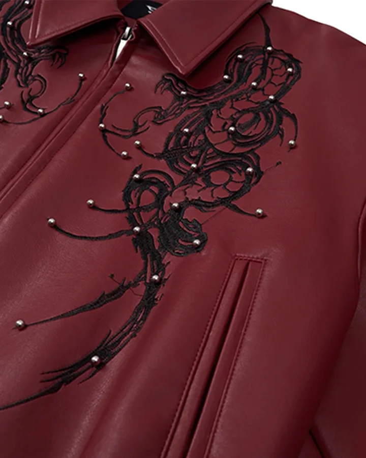Embroidered Faux Leather Moto Jacket