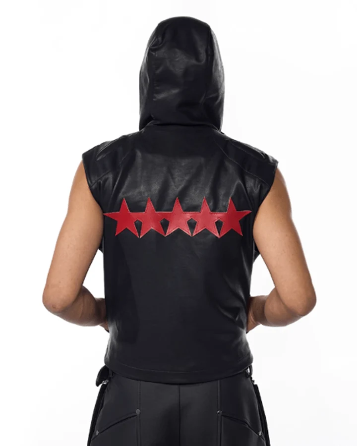 Hooded Faux Leather Sleeveless Vest with Tech Circle Detail