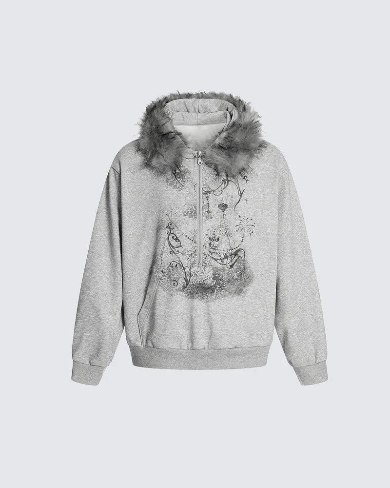 Lightweight Fuzzy Printed Half-Zip Cropped Hoodie