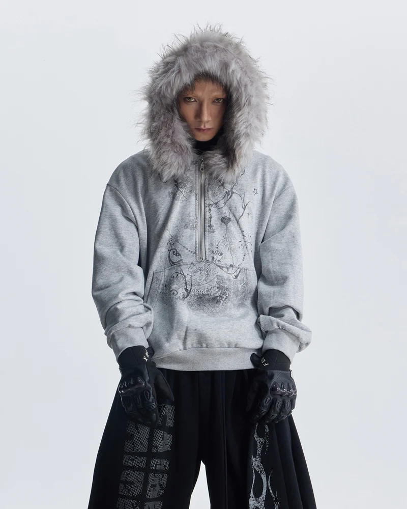 Lightweight Fuzzy Printed Half-Zip Cropped Hoodie