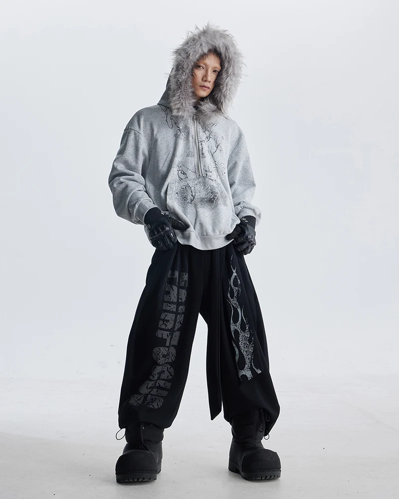 Lightweight Fuzzy Printed Half-Zip Cropped Hoodie