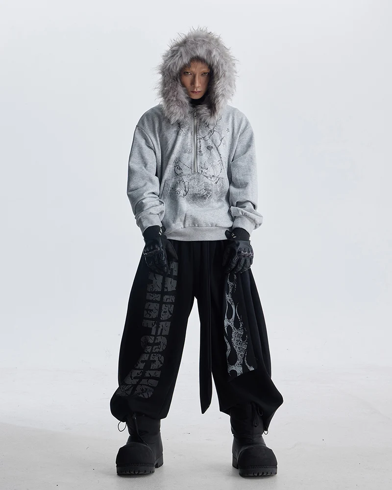 Lightweight Fuzzy Printed Half-Zip Cropped Hoodie
