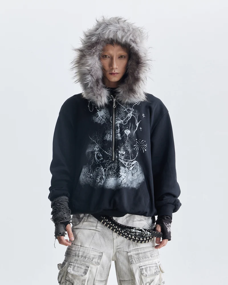 Lightweight Fuzzy Printed Half-Zip Cropped Hoodie