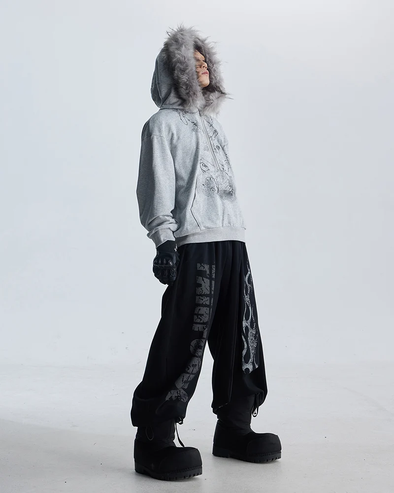 Lightweight Fuzzy Printed Half-Zip Cropped Hoodie
