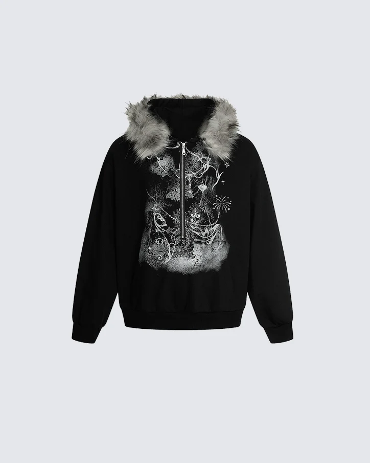 Lightweight Fuzzy Printed Half-Zip Cropped Hoodie