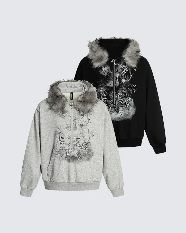 Lightweight Fuzzy Printed Half-Zip Cropped Hoodie