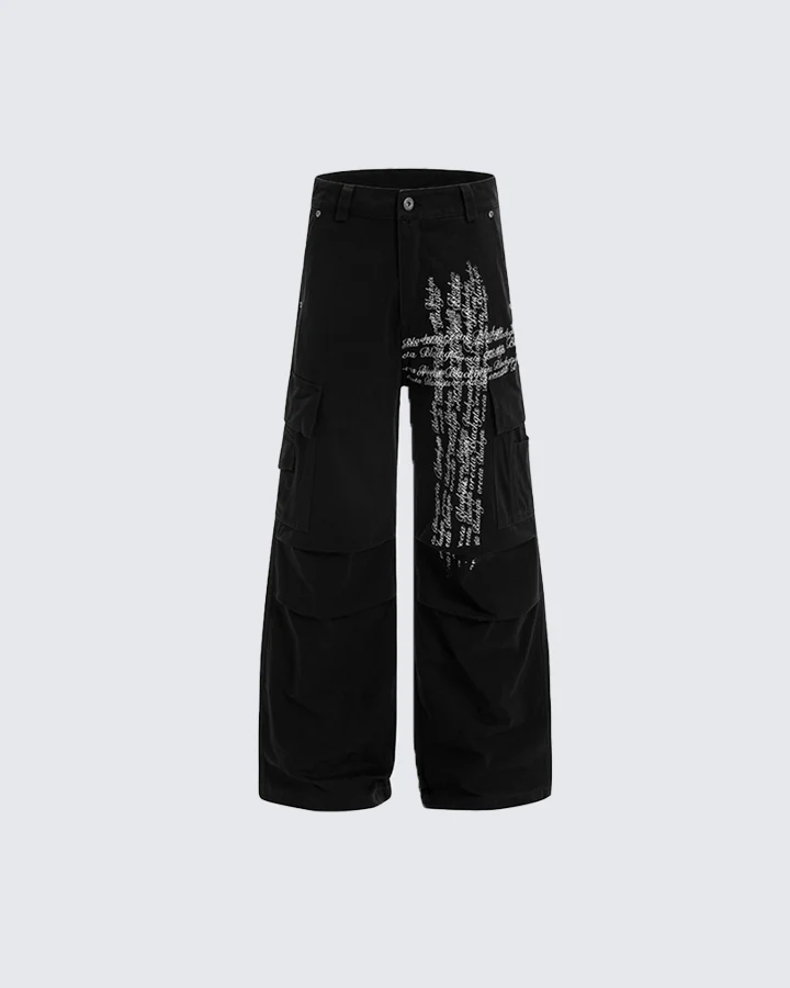 Cross Letter Print Wide-Leg Cargo Pants