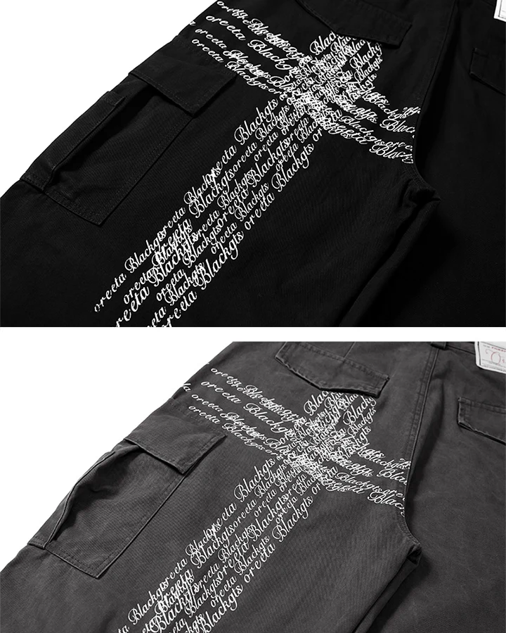 Cross Letter Print Wide-Leg Cargo Pants
