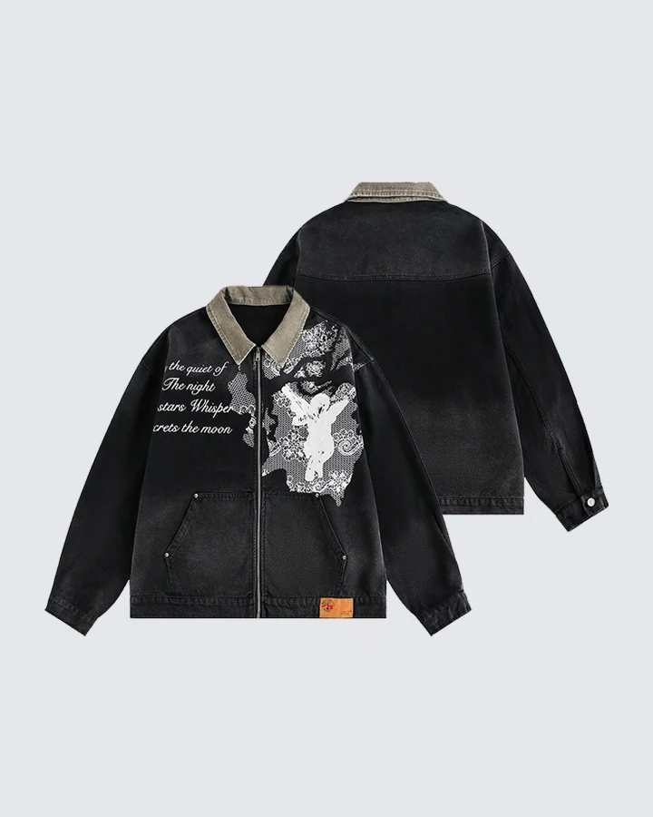 Angel Graphic Embroidered Vintage Washed Jacket