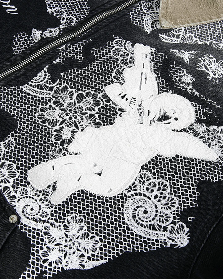 Angel Graphic Embroidered Vintage Washed Jacket
