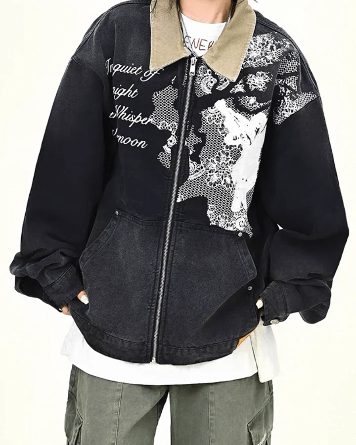 Angel Graphic Embroidered Vintage Washed Jacket
