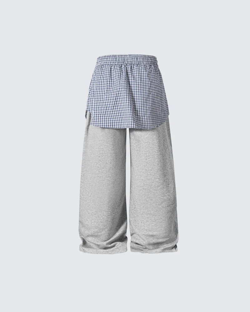 Plaid Shirt-Waist Wide-Leg Sweatpants