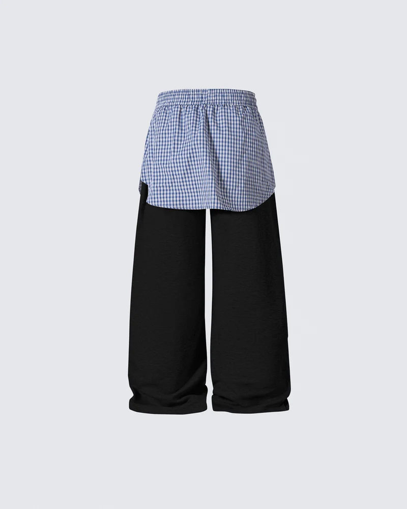 Plaid Shirt-Waist Wide-Leg Sweatpants