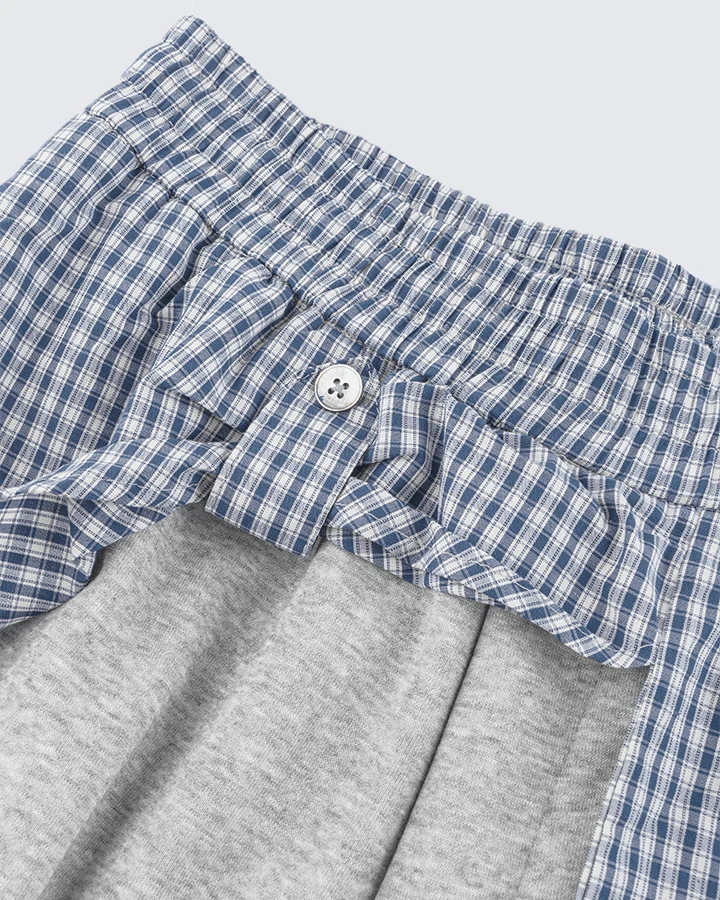 Plaid Shirt-Waist Wide-Leg Sweatpants