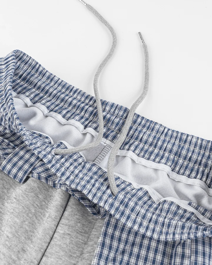 Plaid Shirt-Waist Wide-Leg Sweatpants
