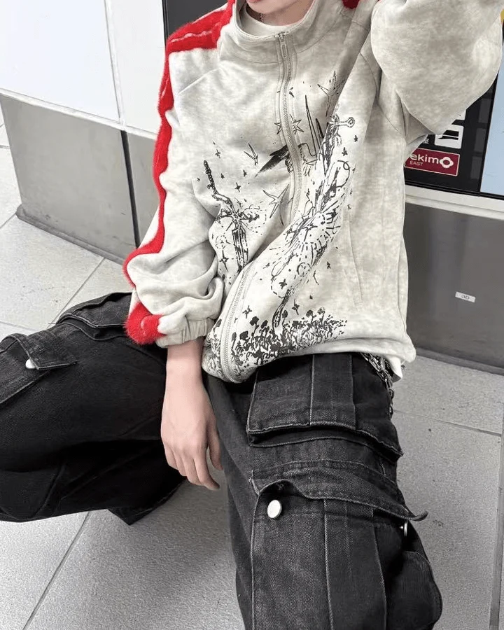 Graphic Print Contrast Stripe Zip Sportswear