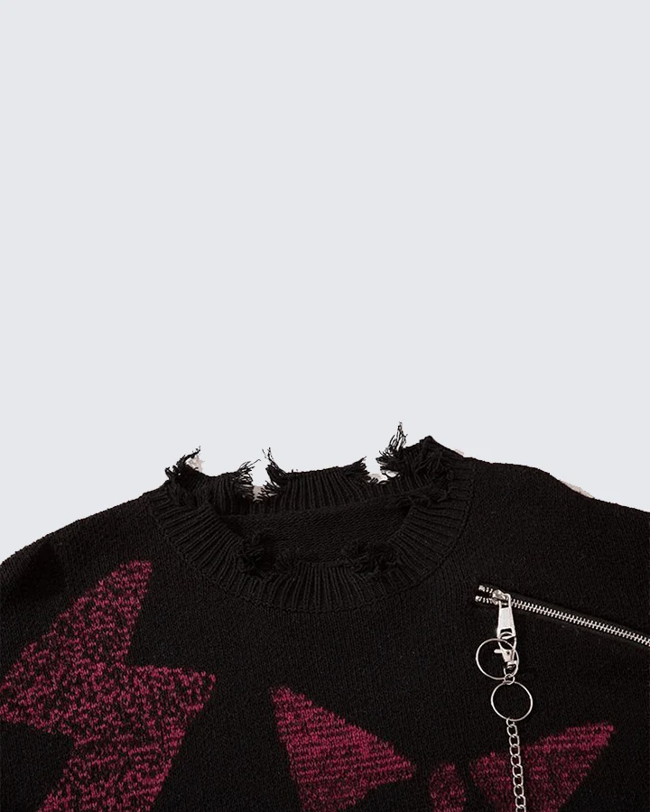 Punk Star Chain Distressed Knit Sweater