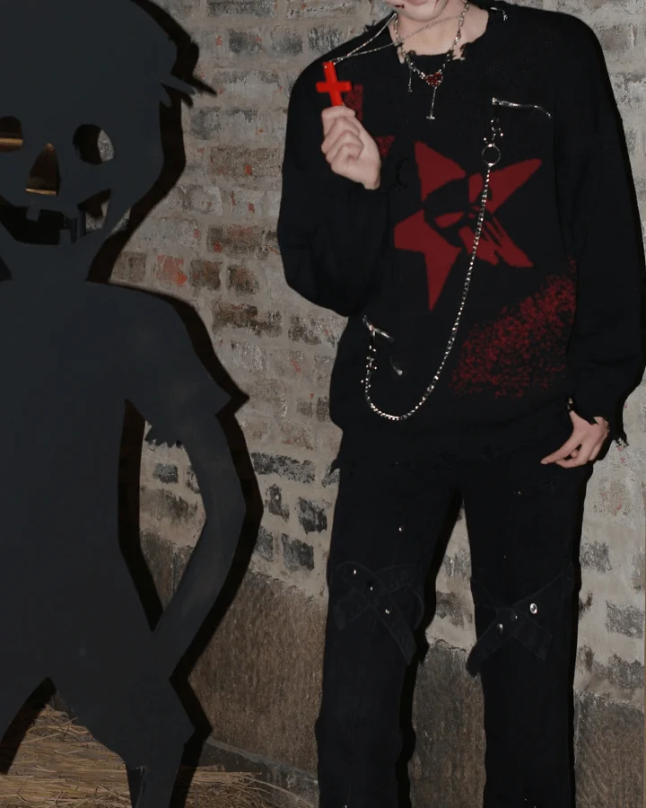 Punk Star Chain Distressed Knit Sweater