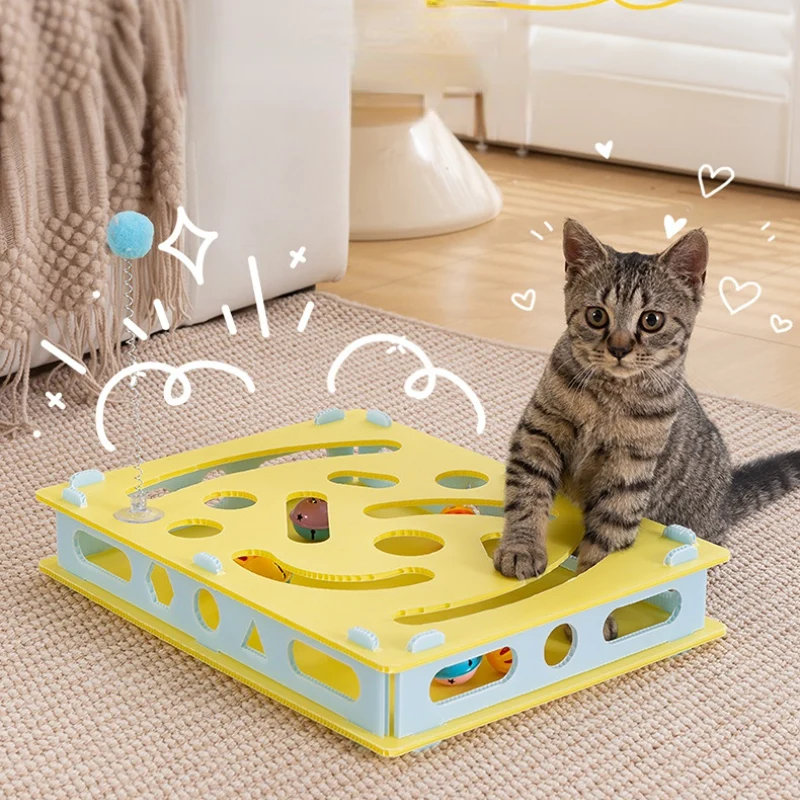 Intelligenzspielzeug Katze, Labyrinth-box Katzenspielzeug mit 6 Bimmelbällen und Frühling Katzenangel für Unterhaltung