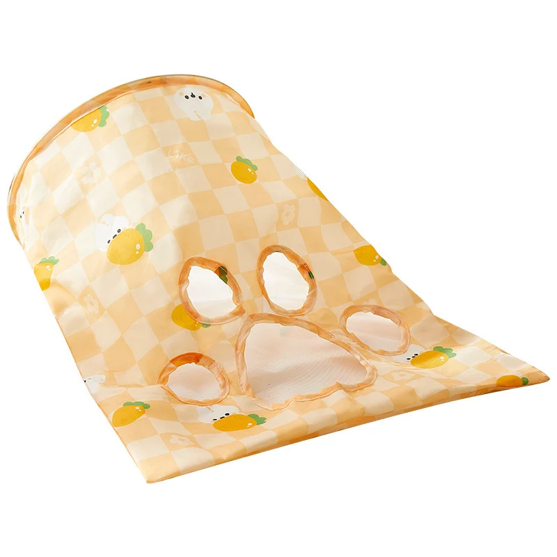 Katze Spielzeug, Gelber Katzentunnel mit Geräuschpapier, Muster mit Hasen und Karotten, Mäusen & Plüschbällen, Faltbar