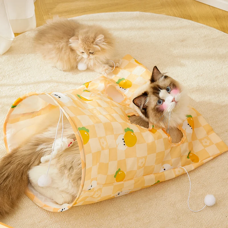 Katze Spielzeug, Gelber Katzentunnel mit Geräuschpapier, Muster mit Hasen und Karotten, Mäusen & Plüschbällen, Faltbar