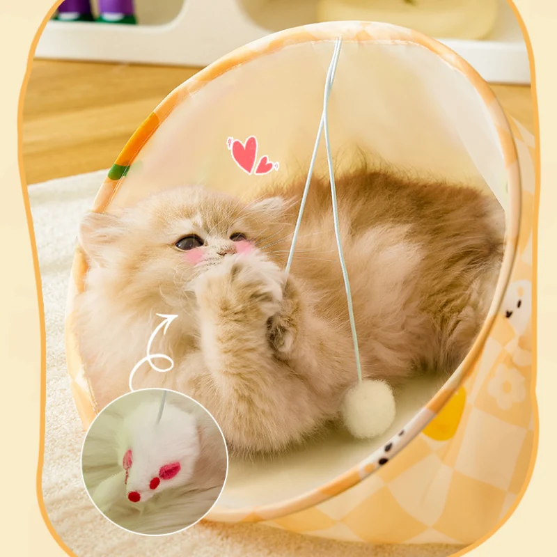 Katze Spielzeug, Gelber Katzentunnel mit Geräuschpapier, Muster mit Hasen und Karotten, Mäusen & Plüschbällen, Faltbar