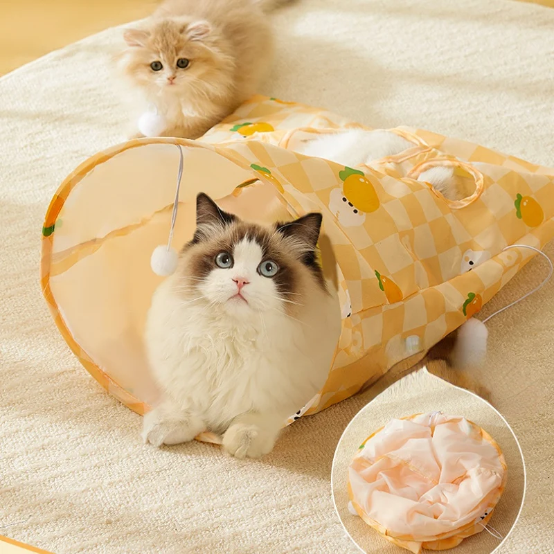 Katze Spielzeug, Gelber Katzentunnel mit Geräuschpapier, Muster mit Hasen und Karotten, Mäusen & Plüschbällen, Faltbar