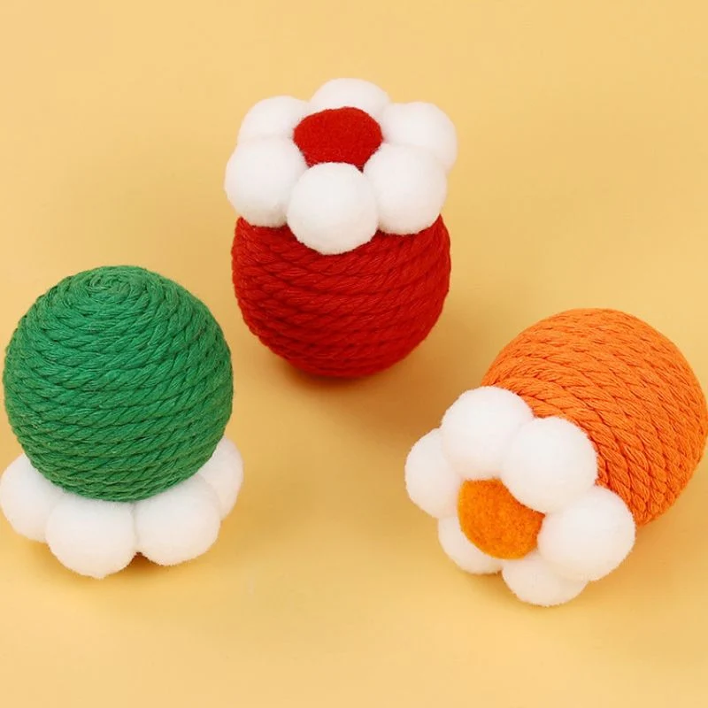 Spielzeug Katzen, Katzenspielzeug Ball aus Plüsch und Baumwollseil, Blume Form, Erhältlich in Grün, Orange und Rot für verspielte Katzen