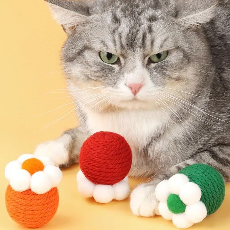 Spielzeug Katzen, Katzenspielzeug Ball aus Plüsch und Baumwollseil, Blume Form, Erhältlich in Grün, Orange und Rot für verspielte Katzen
