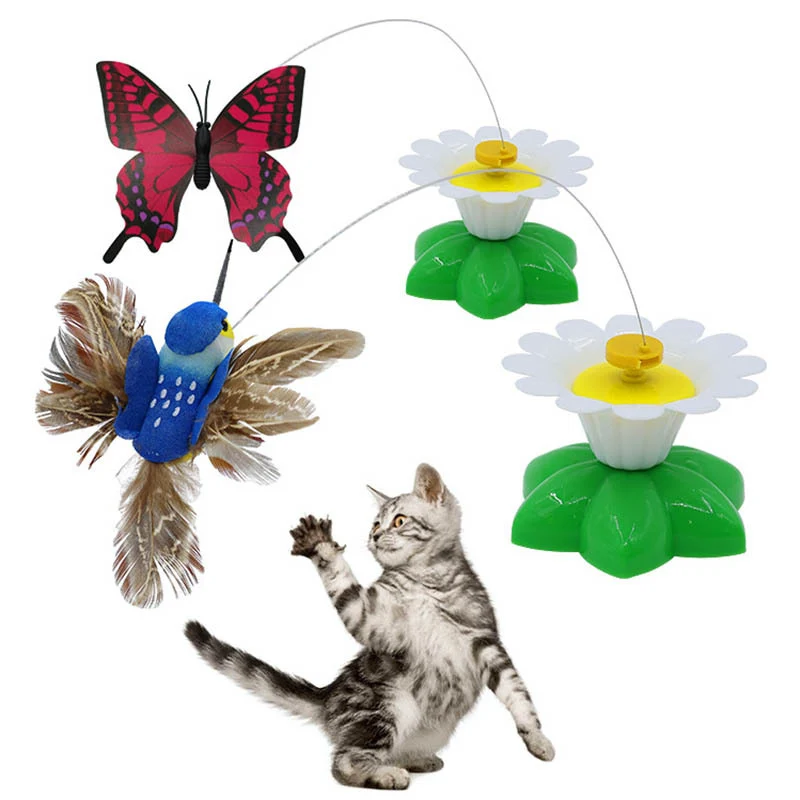 Katzenspielzeug elektrisch, Katzenangel mit Blume Förmiger Sockel, Schmetterlingen und Kolibri-Dekoration, Farben zufällig