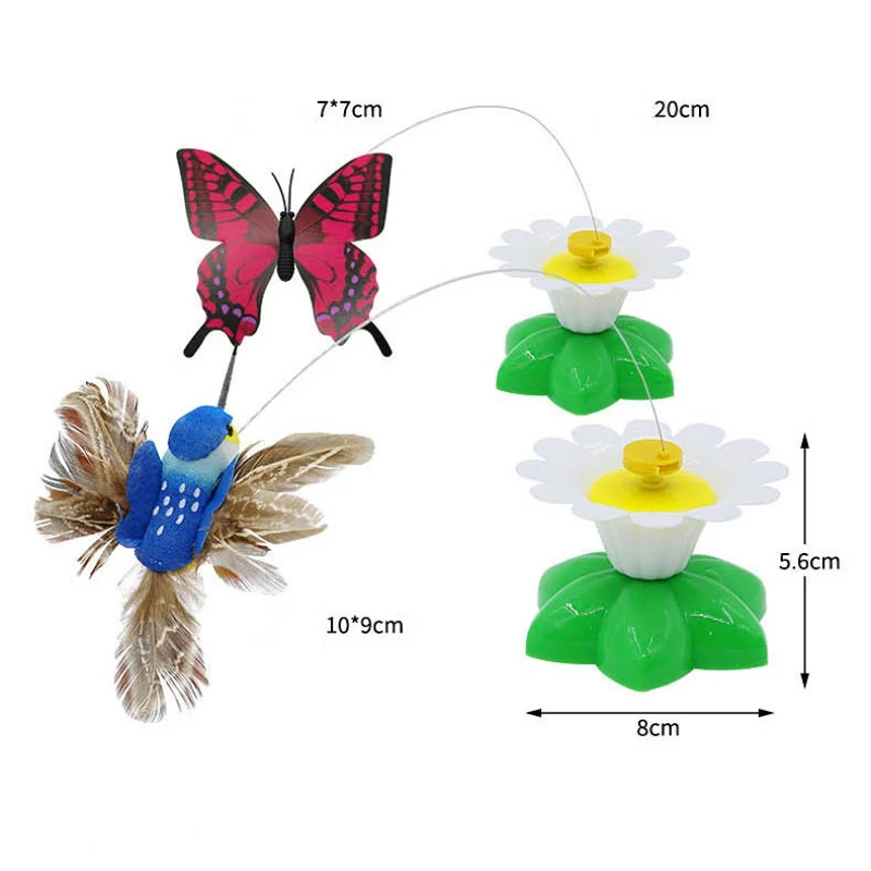 Katzenspielzeug elektrisch, Katzenangel mit Blume Förmiger Sockel, Schmetterlingen und Kolibri-Dekoration, Farben zufällig