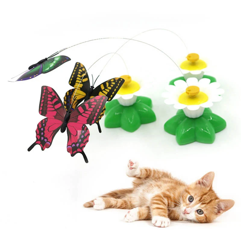Katzenspielzeug elektrisch, Katzenangel mit Blume Förmiger Sockel, Schmetterlingen und Kolibri-Dekoration, Farben zufällig