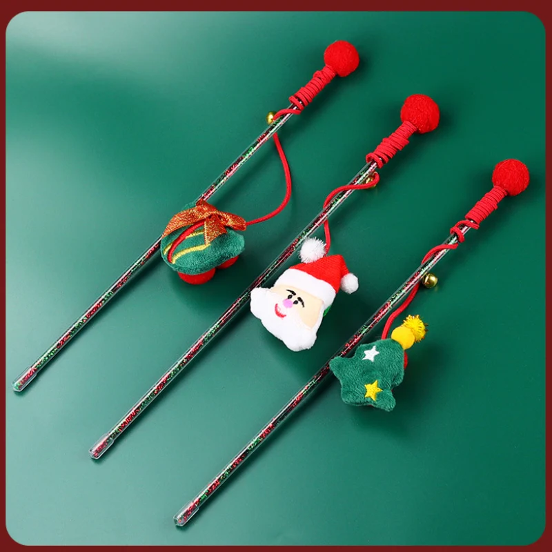 Katzen Spielzeug, Weihnachts-Interaktives Katzenangel mit Glocken & Plüschball, Acrylgriff, 3 verschiedenen Designs (1 Stück)