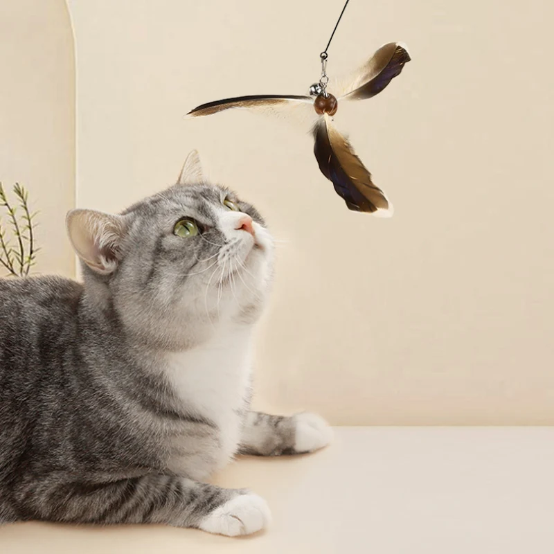 Katze Spielzeug, katzenangel, Interaktiver Feder Windmühlenform Spielzeug mit Langen Griff für Katze Endlose Unterhaltung