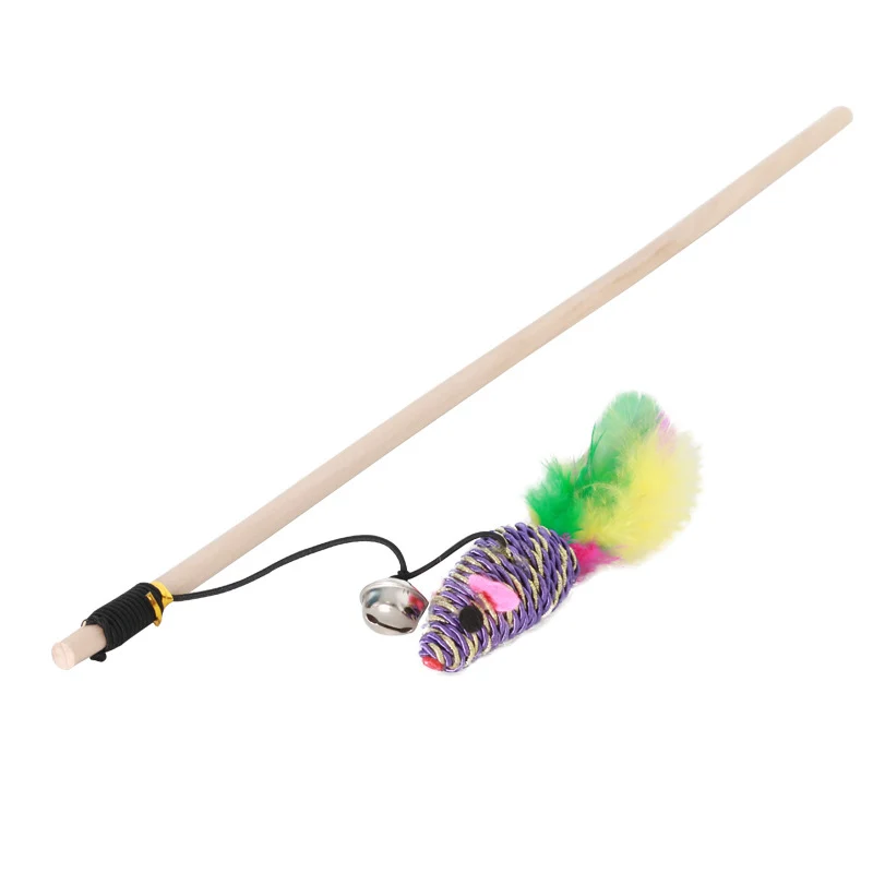 Katzen Spielzeug, Interaktive Katzenangel mit buntem Mausspielzeug und Federdekoration, stabilen Holzstab, Farbe zufällig, circa 40 cm Länge