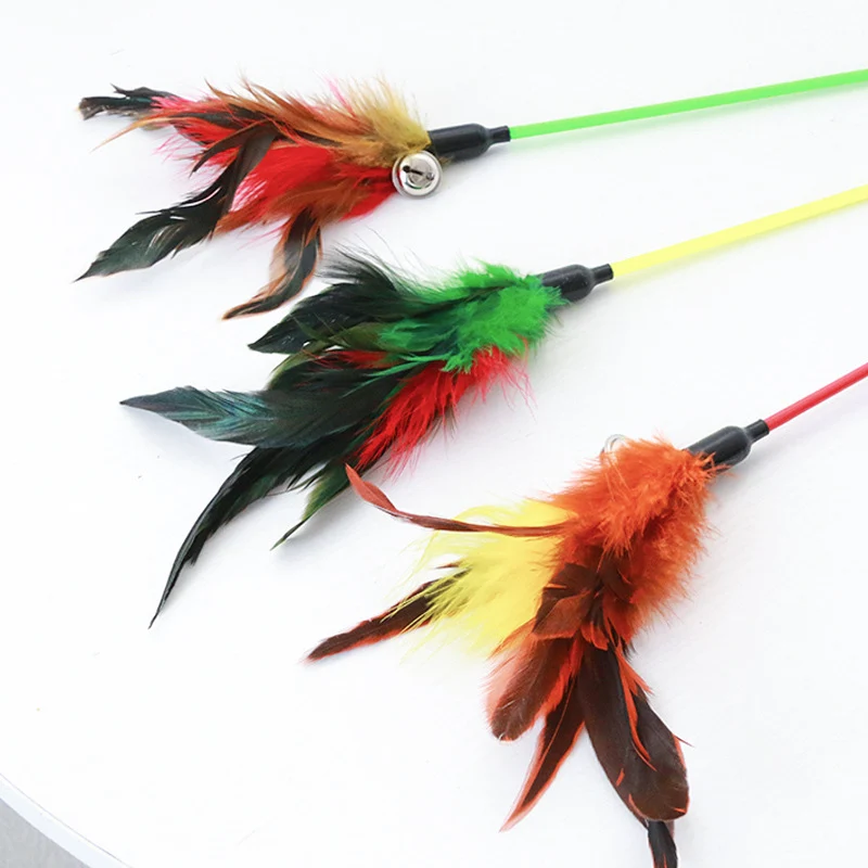 Katzenspielzeug, Katzenangeln mit Federn & Glöckchen, 50cm Lange Stange, Zufällige Farbe für endlosen Spaß