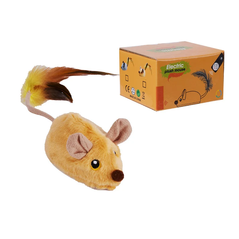 Katzenspielzeug, Elektrische ferngesteuertes Katzenspielzeug Maus mit Feder-Schwanz, beweglich & leuchtend, in Gelb und Grau erhältlich