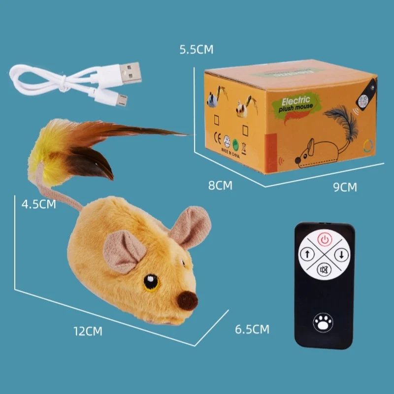 Katzenspielzeug, Elektrische ferngesteuertes Katzenspielzeug Maus mit Feder-Schwanz, beweglich & leuchtend, in Gelb und Grau erhältlich
