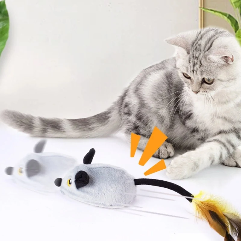 Katzenspielzeug, Elektrische ferngesteuertes Katzenspielzeug Maus mit Feder-Schwanz, beweglich & leuchtend, in Gelb und Grau erhältlich