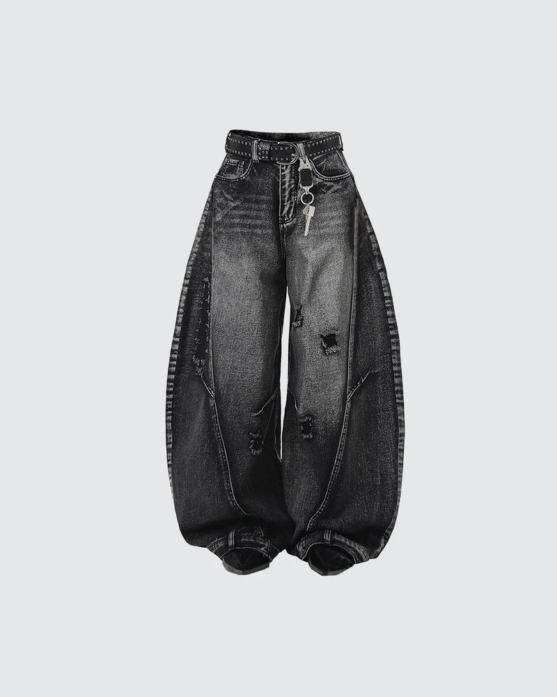 Distressed Washed Loose Blade-Cut Jeans